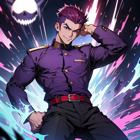 Age 25,,PURPLE GAKURAN, Purple Shirt、 black slim pants  ,cool battle pose、Spread your legs wider,black belt,logic, Gay , red hair, short hair on the side of the uniform, thick eyebrows,The eye is a blind spot、 Lightly Set Your Hair with Wax 、Masculine,sala...