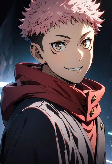 masterpiece, best quality, 1boy, itadori yuuji, pink hair, spiked short hair, undercut, brown eyes, facial mark, red hoodie, gak...