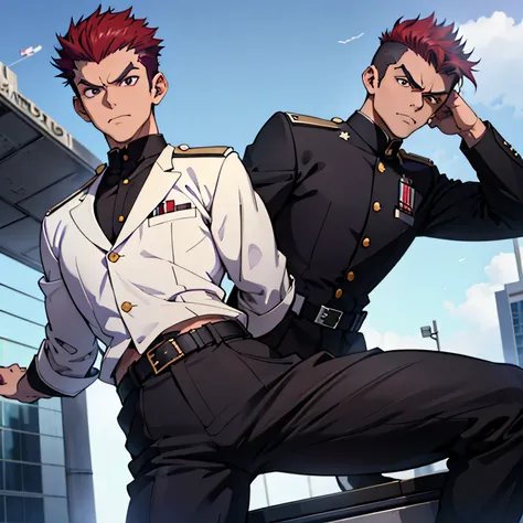 Age 25,, Purple military uniform、 black slim pants  , black belt、cool battle pose、Spread your legs wider,black belt,logic, Gay , red hair, short hair on the side of the uniform,Lightly set hair with thick eyebrow wax、Masculine,salaryman,Mob characters,bad ...
