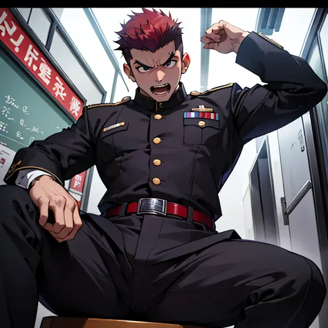 Age 25,, Purple military uniform、 black slim pants  , black belt、cool battle pose、Spread your legs wider,black belt,logic, Gay , red hair, short hair on the side of the uniform,Lightly set hair with thick eyebrow wax、Masculine,salaryman,Mob characters,bad ...