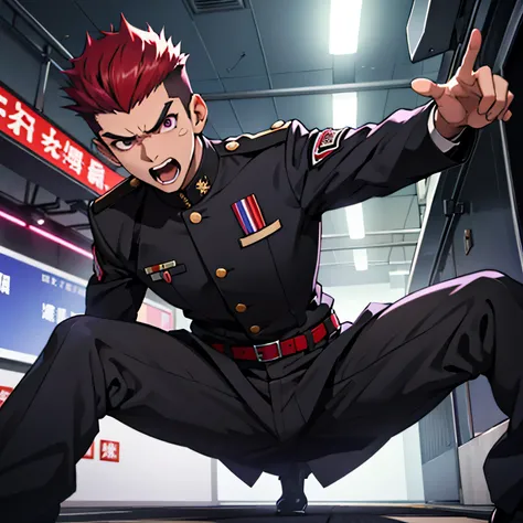 Age 25,, Purple military uniform、 black slim pants  , black belt、cool battle pose、Spread your legs wider,black belt,logic, Gay , red hair, short hair on the side of the uniform,Lightly set hair with thick eyebrow wax、Masculine,salaryman,Mob characters,bad ...