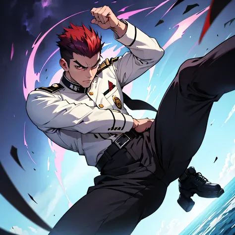 Age 25,, Purple military uniform、 black slim pants  , black belt、cool battle pose、Spread your legs wider,black belt,logic, Gay , red hair, short hair on the side of the uniform,Lightly set hair with thick eyebrow wax、Masculine,salaryman,Mob characters,bad ...