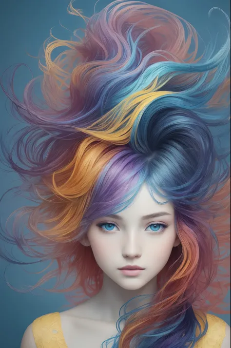 Colorful beautiful girl: a giru 8-years old, messy hair, oil painting, nice perfect face with soft skinice perfect face, blue yellow colors, light purple and violet additions, light red additions, intricate detail, splash screen, 8k resolution, masterpiece...