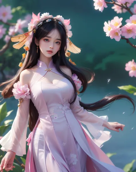 (8k, RAW photo:1.2), best quality, ultra high res,dramatic angle,(fluttered detailed color splashs), (illustration),(((1 girl))),(long hair),(rain:0.9), (Headdress:1.4),There is an ancient palace beside the girl,Hanfu,(Key Points),Color ink painting,(Splas...