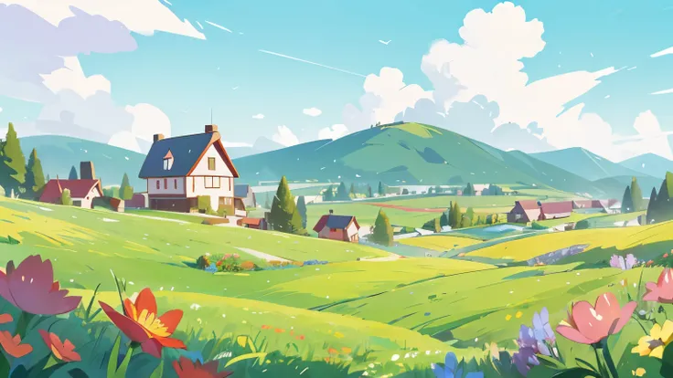 background illustration of a prairie on a mountain、Green grassland、Colorful flowers、red roof building 、 bright