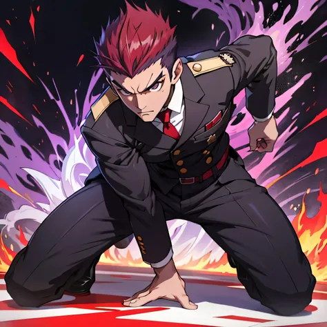 Age 25,, Purple military uniform、 black slim pants  , black belt、 red hairの短髪、cool battle pose、Spread your legs wider,black belt,logic, Purple military uniform、Gay , red hair, short hair on the side of the uniform,Lightly set hair with thick eyebrow wax、 r...