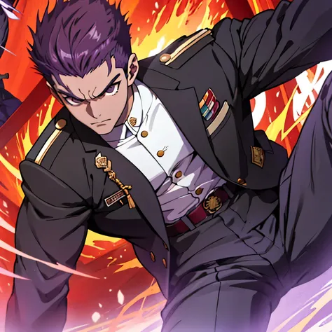 Age 25,, Purple military uniform、 black slim pants  , black belt、 red hairの短髪、cool battle pose、Spread your legs wider,black belt,logic, Purple military uniform、Gay , red hair, short hair on the side of the uniform,Lightly set hair with thick eyebrow wax、 r...