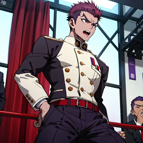 Age 25,, Purple military uniform、 black slim pants  , black belt、 red hairの短髪、cool battle pose、Spread your legs wider,black belt,logic, Purple military uniform、Gay , red hair, short hair on the side of the uniform,Lightly set hair with thick eyebrow wax、 r...
