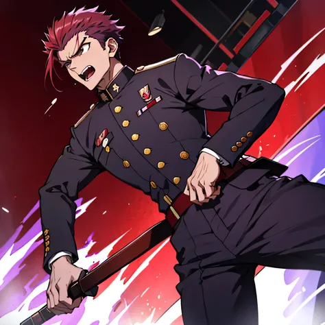 Age 25,, Purple military uniform、 black slim pants  , black belt、 red hairの短髪、cool battle pose、Spread your legs wider,black belt,logic, Purple military uniform、Gay , red hair, short hair on the side of the uniform,Lightly set hair with thick eyebrow wax、 r...