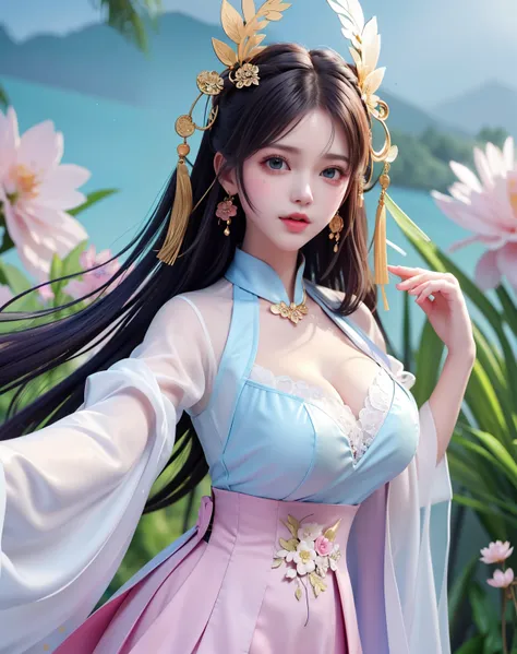 (8k, RAW photo:1.2), best quality, ultra high res,dramatic angle,(fluttered detailed color splashs), (illustration),((( girl l2 yerld old))),(long hair),(rain:0.9), (Headdress:1.4),There is an ancient palace beside the girl,Hanfu,(Key Points),Color ink pai...