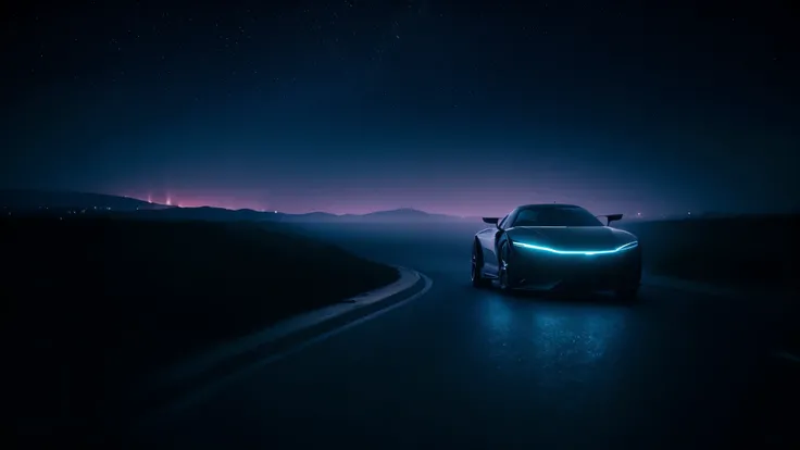 A high-resolution, cinematic scene featuring the mysterious silhouette of a futuristic sports car. The car is positioned in the center, its sharp and sleek design partially obscured by swirling smoke and mist, creating an enigmatic and otherworldly vibe. O...