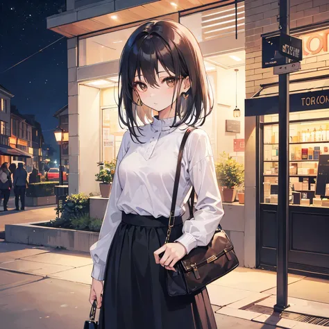 High quality, girl in a beautiful city, casual outfit, bag on shoulder, medium length hair, black hair, brown eyes, nightime, flat breasts, a bit shy, long sleeve, long skirt, Solo, Looking at viewer, Bangs between eyes, bang longer than eyes