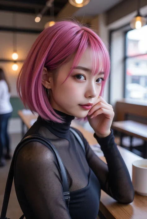 Future Girl,   purple eyes, space,  Pink Hair,  short bob,  Futuristic Coffee Shop, one girl who is at ease, beautiful attention to detail ,  detailed face , cute,