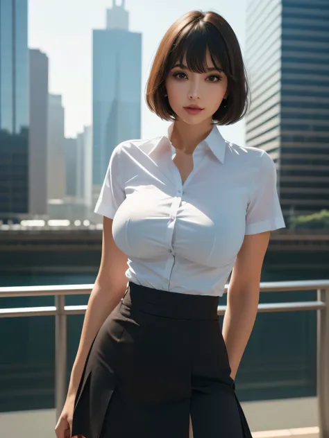 Tight-fitting business shirt, Tight-fitting short sleeves, High-waisted Tight-fitting skirt, (Shirt tucked into skirt:1.3), Road in front of the company, Skyscrapers in the background, Daytime, Sunshine, Sunlight becomes illumination,
8K Quality, (High Res...