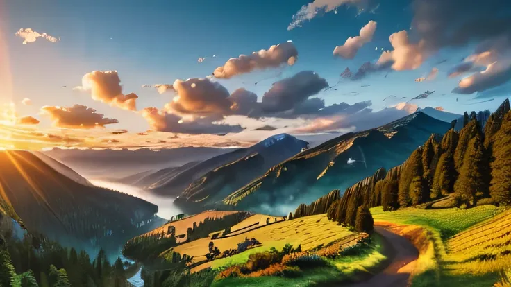 masterpiece, best quality, realistic picture, UHD, 4K, 8K, beautiful morning sky, dusk at 5am, perfect landscape, sun between two mountain tops, detailed valley, lush greenery, dramatic clouds, warm lighting, realistic shadows, vibrant colors, stunning vis...