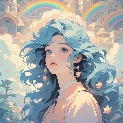 (((masterpiece, Highest quality)))、(((32K Wallpapers)))、A futuristic city in the sky、(((upper body)))、 perfect face、 wind is blowing、White Flower、Vast background、 1 woman、 detailed hair、squirt、 looking up at the sky、 white t-shirt 
、Red Hair Color、White Fe...