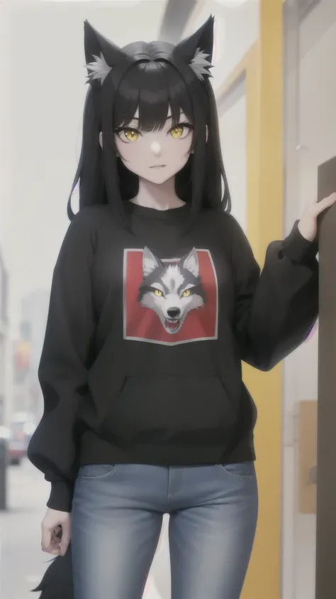 Anime Wolf Female, Black Hair, Yellow Eyes, Wearing Red Sweatshirt and Blue Jeans.