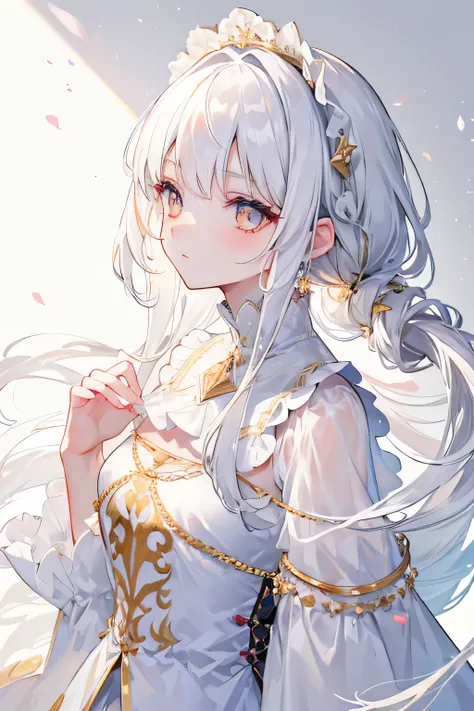  Quality Best , masterpiece,White hair,  Golden Eyes, white dress, look up,  upper body,Hair, Fair Skin ,Side braid 