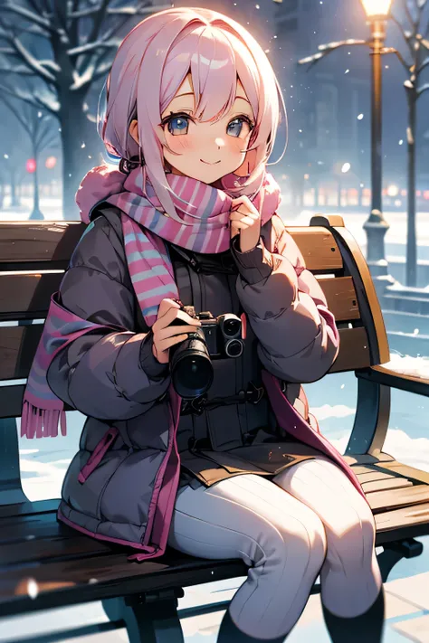 Chinese girl, pink striped scarf, down jacket, sitting on a park bench, snowing, nostalgic lightning, nostalgic themes, nostalgia, soft colors, shes smiling softly, camera starburst