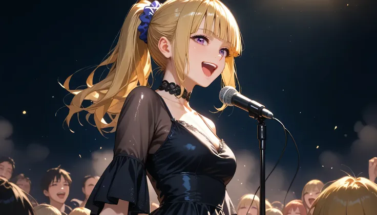 score_9, score_8_up, score_7_up, shiny skin, 1girl, KeiKaruizawa, Kei Karuizawa, bangs, blunt bangs, ponytail hair, long hair, violet eyes, blonde hair, blue scrunchie, sing, singing, open mouth, mic, Stage with Dim Light and Fog Effect, Dress flowy, dress...