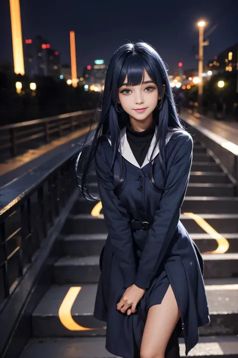 (Girl Standing On School Steps),1 girl, dark blue hair, bangs, long hair, sparkling eyes, long eyelashes, compensate, light smile, written boundary depth, one person&#39;point of view, close, from below, wide angle, f/1.8, 135mm, canon, nffsw, retina, tabl...