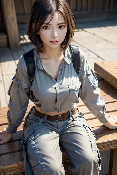 ((( cute woman sitting))),Field Work Site, natural makeup,Camera facing front,((( dowel cargo pants :1.3,oversized workwear :1.3))),(Chest slip), (Silvery wet shiny bob cut hair ), hair ornament,Line hair ,(detailed clothing features,Detailed hair features...