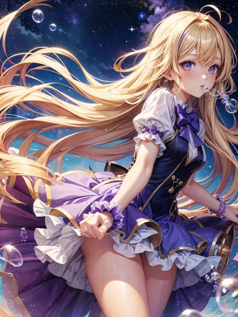 Anime style light blonde hair girl with violet color eyes blowing bubbles under the starry sky