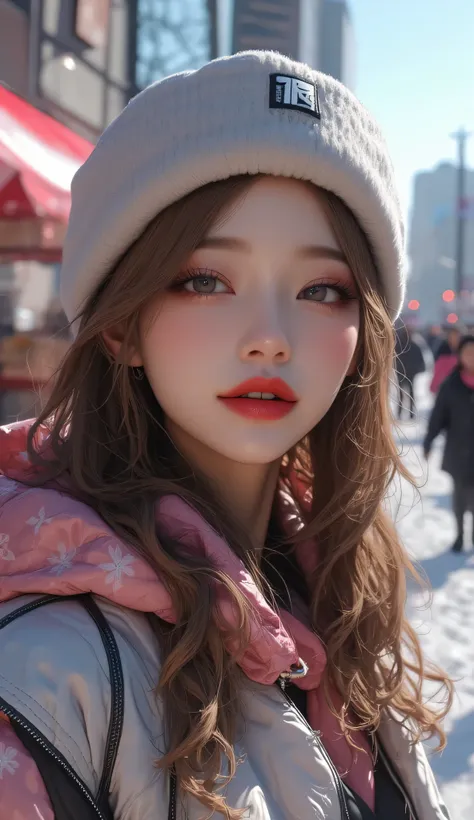 (masterpiece, Best picture quality, 8k),  real photo ,Idol appearance,winter, city streets,Clear day ,adult,  perfection of fashion,  Korean makeup, Lip Tint, frontal,A faint smile,Outdoor, Exquisitely Painted , Realistic,  Ultra High Definition, 3D image,...