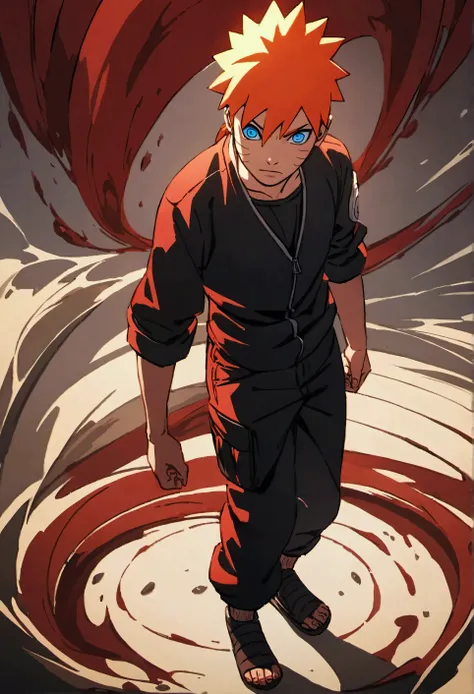 Blood-red haired Naruto Uzumaki ,  wearing tight dark cargo pants, , a dark long-sleeved shirt with his clans spiral in red and reinforced tennis shoes.,