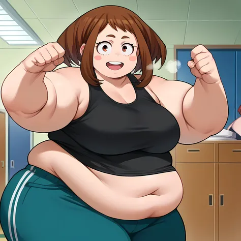 score_9, score_8_up, score_7_up, source_anime,
ochakouraraka, ochako uraraka, brown eyes, brown hair, short hair, blush, blush stickers, smile,
bare shoulders, pants, black shirt, tank top, blue pants, black tank top, track pants,
indoors,
looking at viewe...