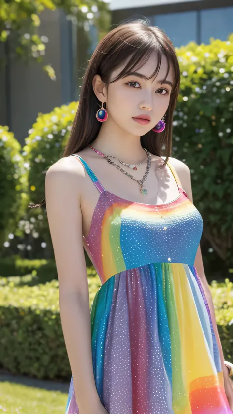 最  High Quality , masterpiece,   1 girl, ( Dot Dress  ), (Rainbow dress:1.5),   Hip-Lowering Hair Ornament ,   Necklaces  , (  jewelry:1.8),  Facial beauty,   small breasts,   Tyndall effect,  Photographically,   rim lighting  ,  two tone lighting, ( High ...