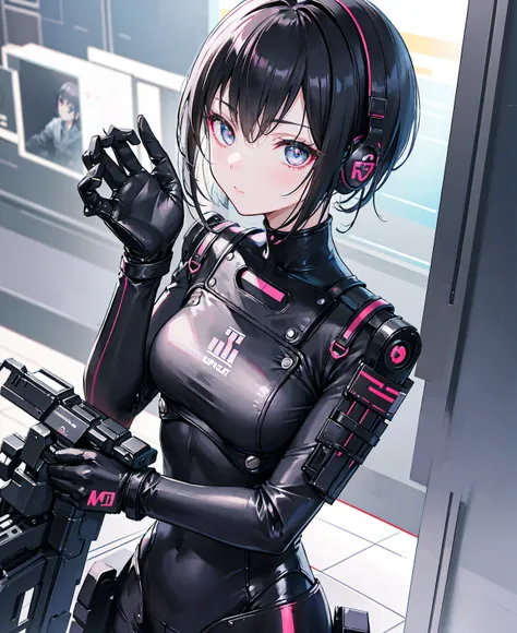  A Japanese woman ,  small face,  Extremely Fitted Black Enamel Shiny Tactical Bodysuit,  tactical headset,  tactical holster ,  Tactical Gloves , Breaking Serious,  short hair ,  black hair, cute,  beautiful face,  beautiful eyes,  beautiful eyes, Very de...