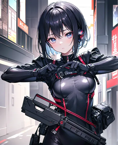  A Japanese woman ,  small face,  Extremely Fitted Black Enamel Shiny Tactical Bodysuit,  tactical headset,  tactical holster ,  Tactical Gloves , Breaking Serious,  short hair ,  black hair, cute,  beautiful face,  beautiful eyes,  beautiful eyes, Very de...