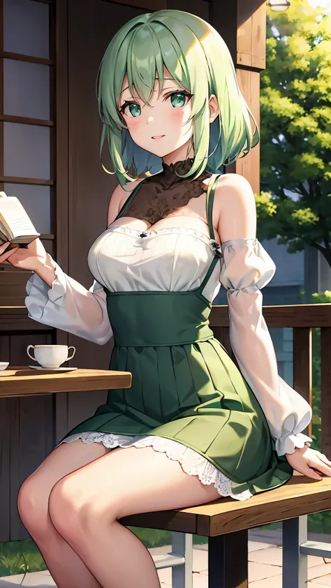  shoulder-length green hair,  Small Breasts , Small breasts、Green Eyes, 、(((Ladylike))), full body from head to toe 、、Shoulder knit、See-through patterned lace sleeves、Feminine clothing、、Chuckle、(( seated facing each other across the table from the viewer))...