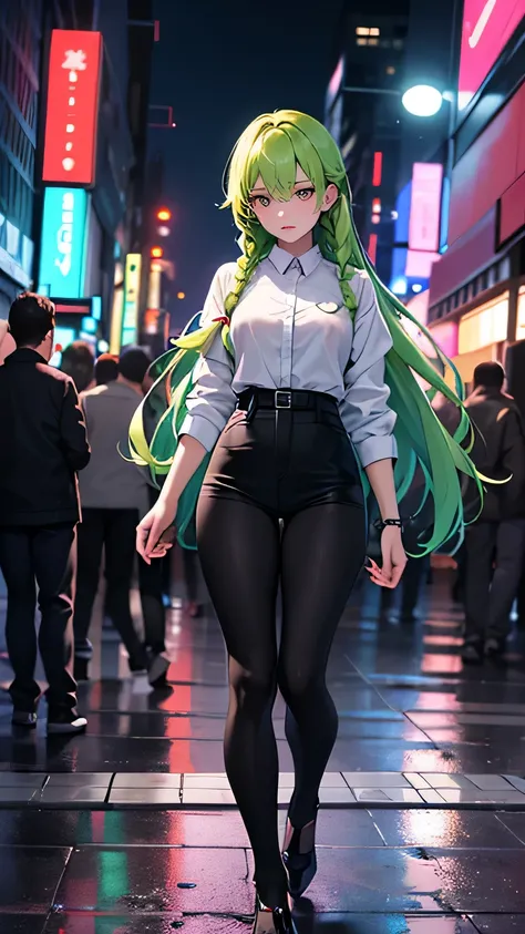 Medium shot, a young woman with long hair styled into two braids, dyed in a soft mint-green color. She stands confidently in the center of a bustling city at night. Her posture is upright, with her hands relaxed at her sides, conveying a calm yet poised de...