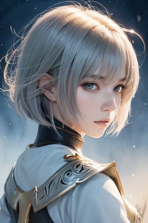 beautiful女の子が無骨な鎧姿,female knight watercolor illustration , Grey Bob Hair,  firm hair ,  otherworldly, beautiful digital illustration,  fantasy background, beautiful, masterpiece, Best Quality,  anime Disney style , ( detail eyes ) , Golden Ratio, Perfect c...