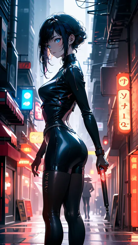  “A mysterious and silent female assassin in her early 30s, standing in the shadows of a dark alley. She has short, jet-black hair and a slim, athletic build, wearing a sleek black combat suit with various hidden weapons strapped to her body. Her face is m...