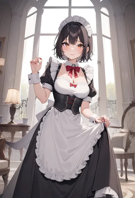 ((masterpiece)), ( high resolution), 1 woman,  amber eyes ,  dark hair ,  short hair that takes me to the neck, maid uniform, lo...