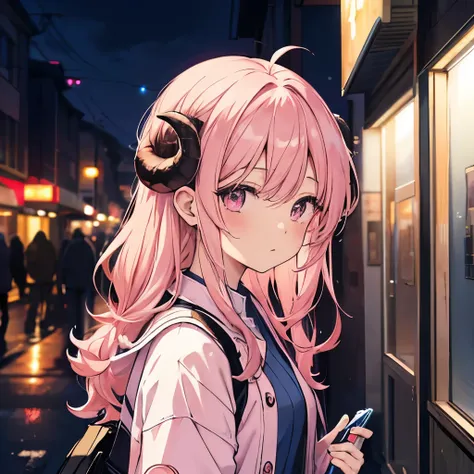 An anime-style close-up illustration of ‘Fua-chan’ heading out for a night shift. Fua-chan has long pink hair styled in soft curls resembling sheep’s horns, framing her face, and her pink eyes show a calm determination with a hint of tiredness. She is depi...