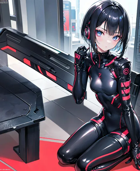  A Japanese woman ,  small face,  Extremely Fitted Black Enamel Shiny Tactical Bodysuit,  tactical headset,  tactical holster ,  Tactical Gloves , Breaking Serious,  short hair ,  black hair, cute,  beautiful face,  beautiful eyes,  beautiful eyes, Very de...