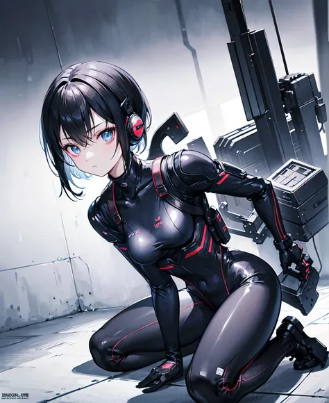  A Japanese woman ,  small face,  Extremely Fitted Black Enamel Shiny Tactical Bodysuit,  tactical headset,  tactical holster ,  Tactical Gloves , Breaking Serious,  short hair ,  black hair, cute,  beautiful face,  beautiful eyes,  beautiful eyes, Very de...