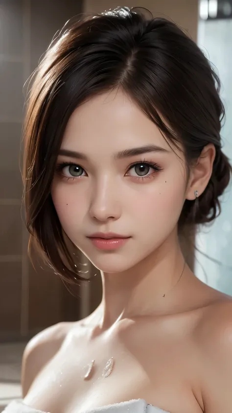 Extremely cute, amazing face and eyes, (extremely detailed beautiful face), (Ultra realistic), (highly detailed eyes, highly detailed hair, highly detailed face, highly detailed plump lips), breasts, upper body, cute smile, (best quality:1.4), Raw photo, (...