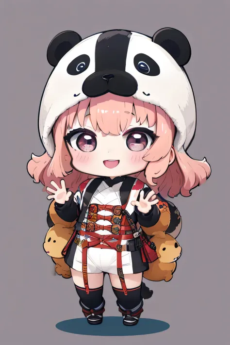Masterpiece, Best Quality, Hi-Res, source_anime, (good_hands:0.9) , 1girl, chibi, mini, loli,cute, black eyes, pink hair, curly long hair, panda costume, curvy body, simple background , gray background, waving at viewer, from front.stand, blushing, smile...