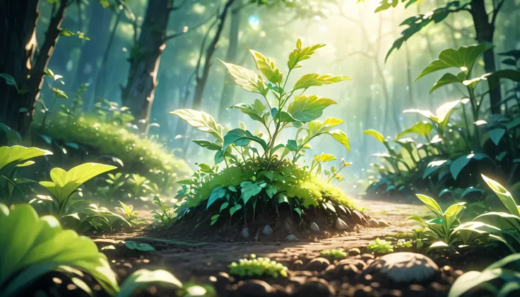 a small budding plant growing out of the soil, anime style, detailed foliage, lush green color, natural lighting, photorealistic, 8k, extremely detailed, intricate detailing, vibrant colors, soft focus background, glowing effects, ethereal atmosphere, sere...