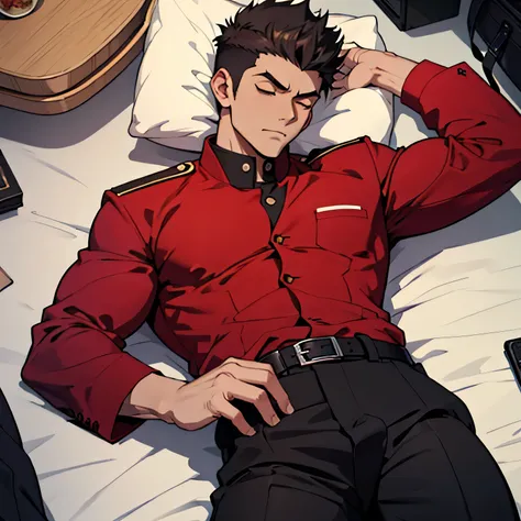 Age 25,,Simple black GAKURAN、Red Shirt,  black slim pants  , lying on the ground 、Spread your legs wider,black belt,logic, Gay ,Brown Hair, short hair on the side of the uniform, thick eyebrows, Lightly Set Your Hair with Wax 、Masculine,salaryman,Mob chara...