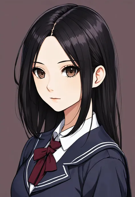 A young adult female in a school uniform with long, sleek black hair, a middle part hairstyle, and dark brown eyes. Use Mai Davika as inspiration. NO bangs.