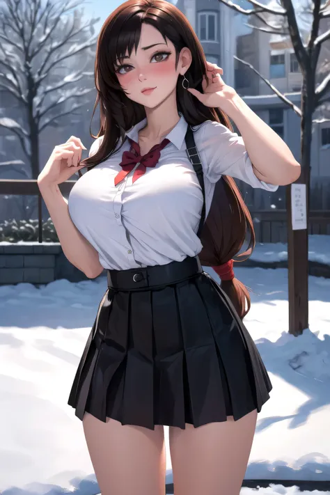 (masterpiece, best quality:1.2),
highres,
skin_detail,
face_detail,
lustrous_skin:1.4,
skindentation,
defTifa,
16yo,
School shirt, 
school skirt
ultra_massive_natural_breasts:1.4,
(innocent_big_eyes:1.0),
light_blush,
winter,
snow,
outdoor,
garden,
cute,
{...