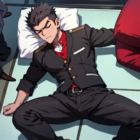 Age 25,,Simple black GAKURAN、Red Shirt,  black slim pants  , lying on the ground 、Spread your legs wider,black belt,logic, Gay ,Brown Hair, short hair on the side of the uniform, thick eyebrows, Lightly Set Your Hair with Wax 、Masculine,salaryman,Mob chara...