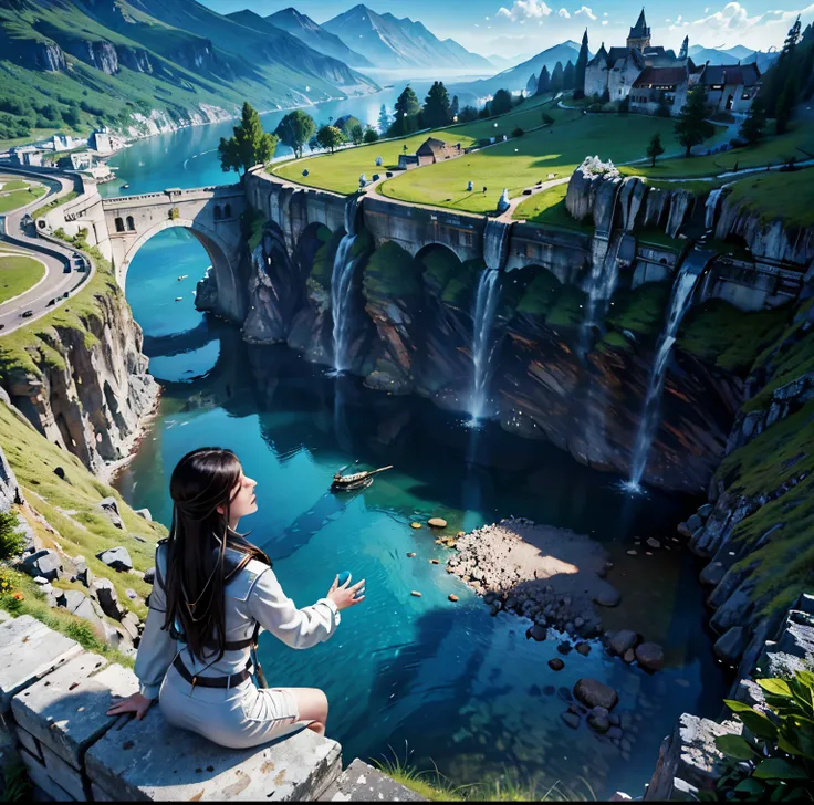 8K quality, Masterpiece,  bright artistic lighting ,  super real ,  high chroma, Fantastic and beautiful landscape pictures of ancient fortified cities,  (A traveler admiring the landscape:1.5), 