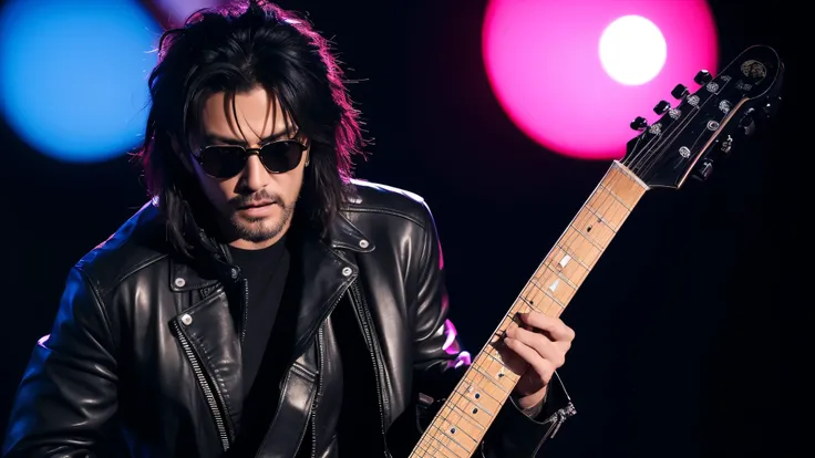 A close-up portrait of a Japanese rocker wearing a leather jacket, boots, and sunglasses, playing an electric guitar. The background features a futuristic city at night with glowing neon lights, street lamps, and tall buildings. The rockers face is clear a...